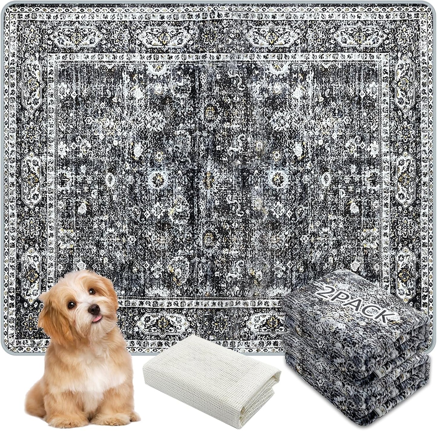 Washable Pee Pads for Dogs, (2 Pack, 36"x42") Upgrade Reusable Puppy Pads with Non-Slip Rug Pad, Super Thickening Absorbent Leakproof Dog Traning Pads Whelping Pad for Dogs, Doggie(Black)