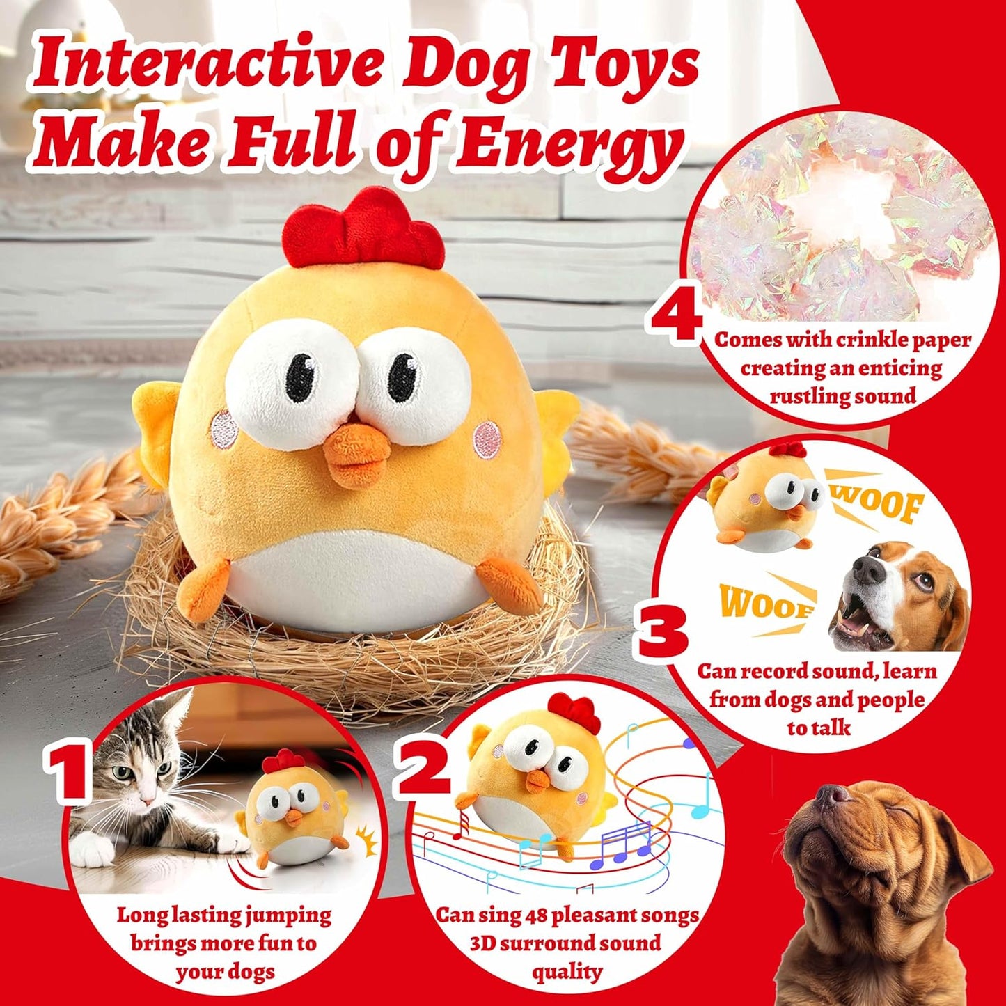 Interactive Dog Toys, Squeaky Moving Ball Toy with Jumping & Music Modes, Rechargeable Plush Chew Toys for Small/Medium/Large Dogs to Keep Puppy Busy Pet Toys (Chick)