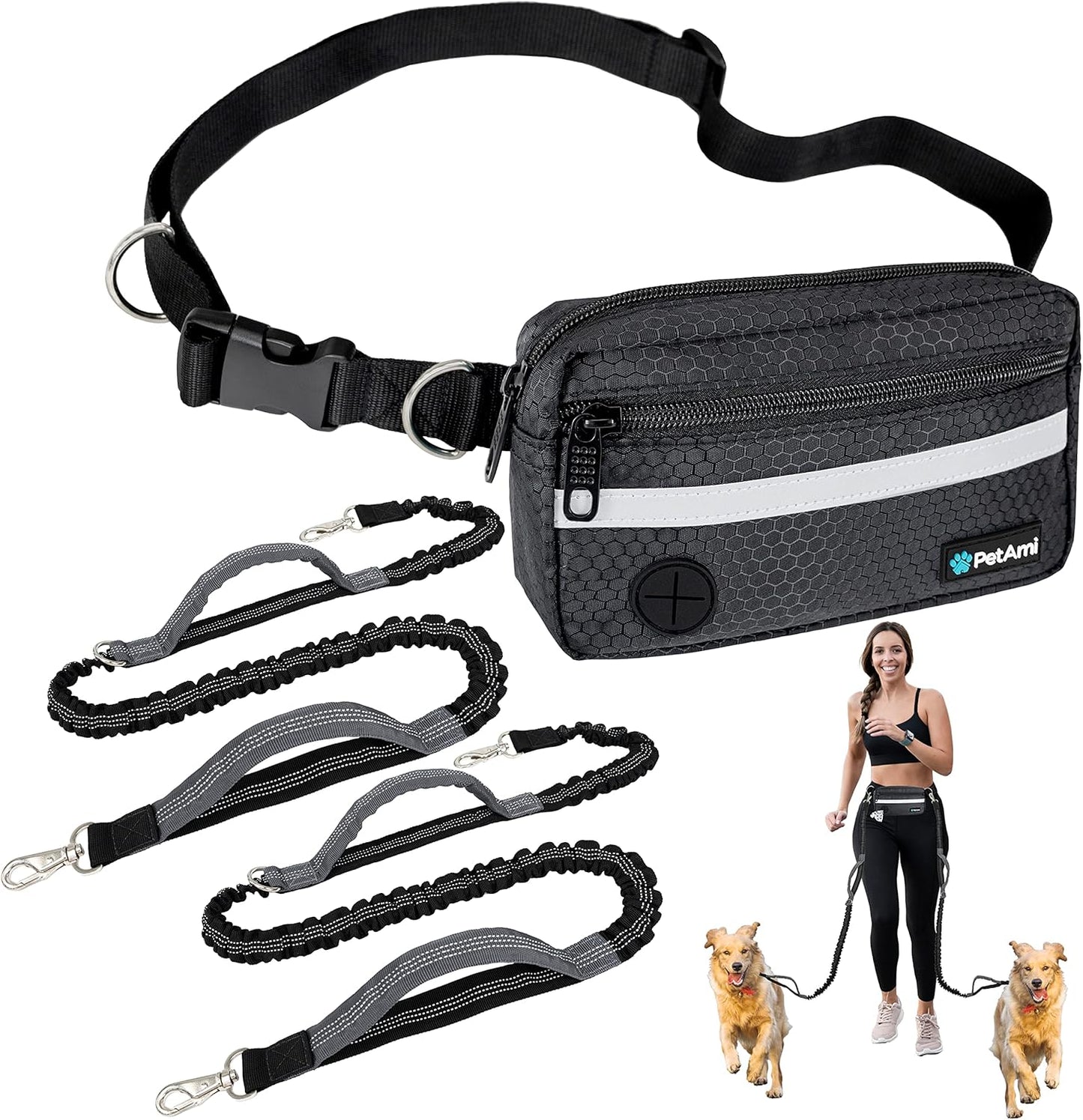 PetAmi Hands Free Dog Leash, Dog Running Leash Belt for Walking Jogging, Dog Waist Zipper Pouch Fanny Pack with Poop Bag Dispenser, Dual Padded Handle Bungee Leash for Small Medium Large Dogs, Double