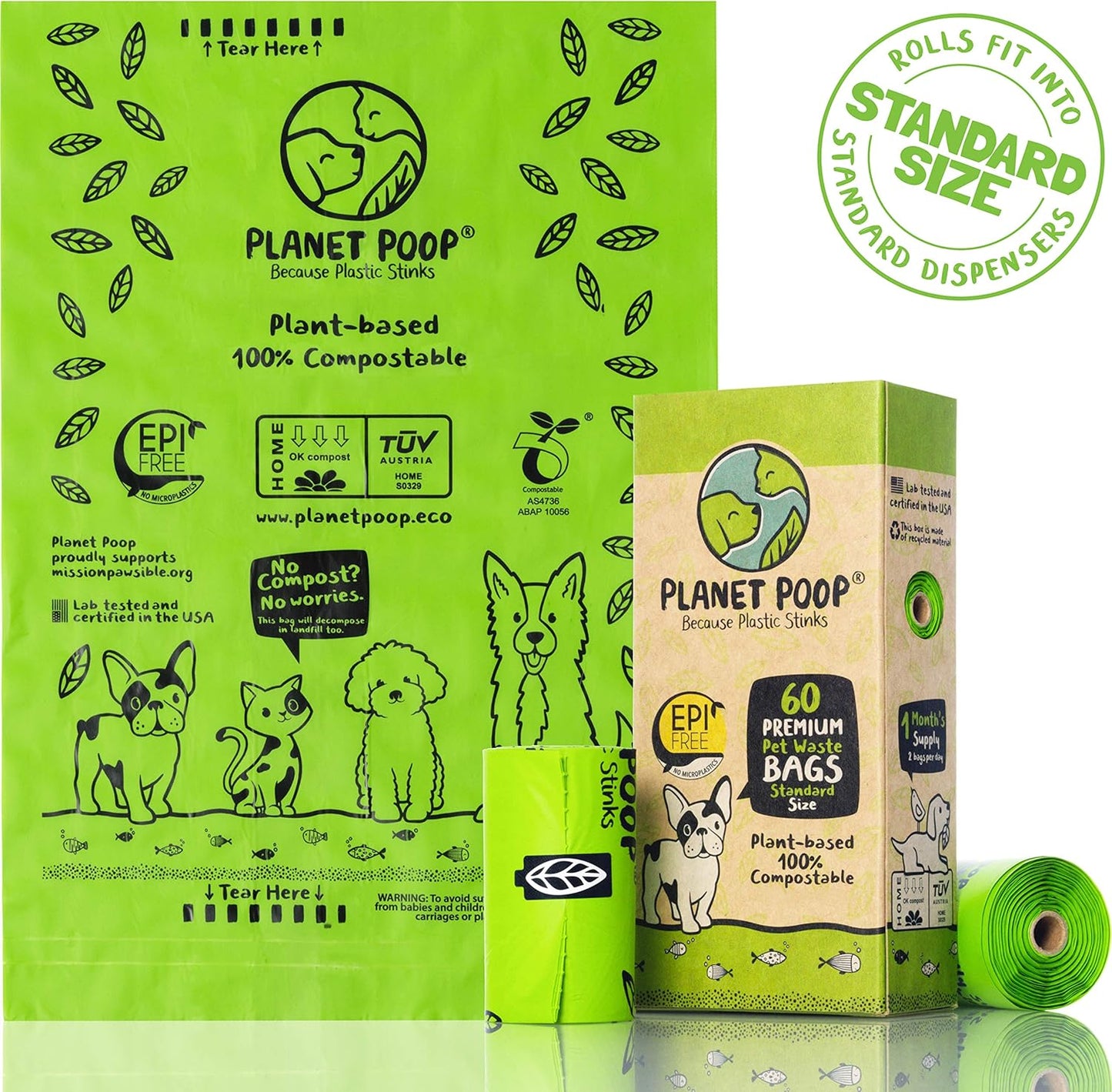 PLANET POOP Home Compostable Dog Poop Bags on Refill Rolls, 60 Un-Scented Pet Waste Bags, Thick Leakproof Plant-Based Doggy Bag, Cat & Dogs Supplies