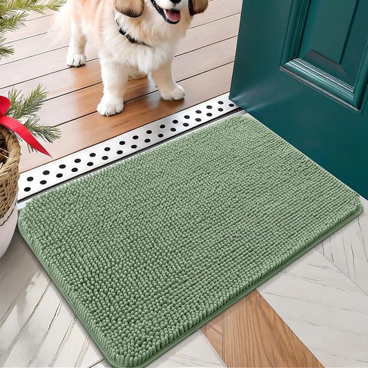 OLANLY Dog Door Mat for Muddy Paws 24x16, Absorbs Moisture and Dirt, Absorbent Non-Slip Washable Doormat, Quick Dry Chenille Mud Mat, Entry Indoor Entryway Carpet for Inside Floor, Olive Green