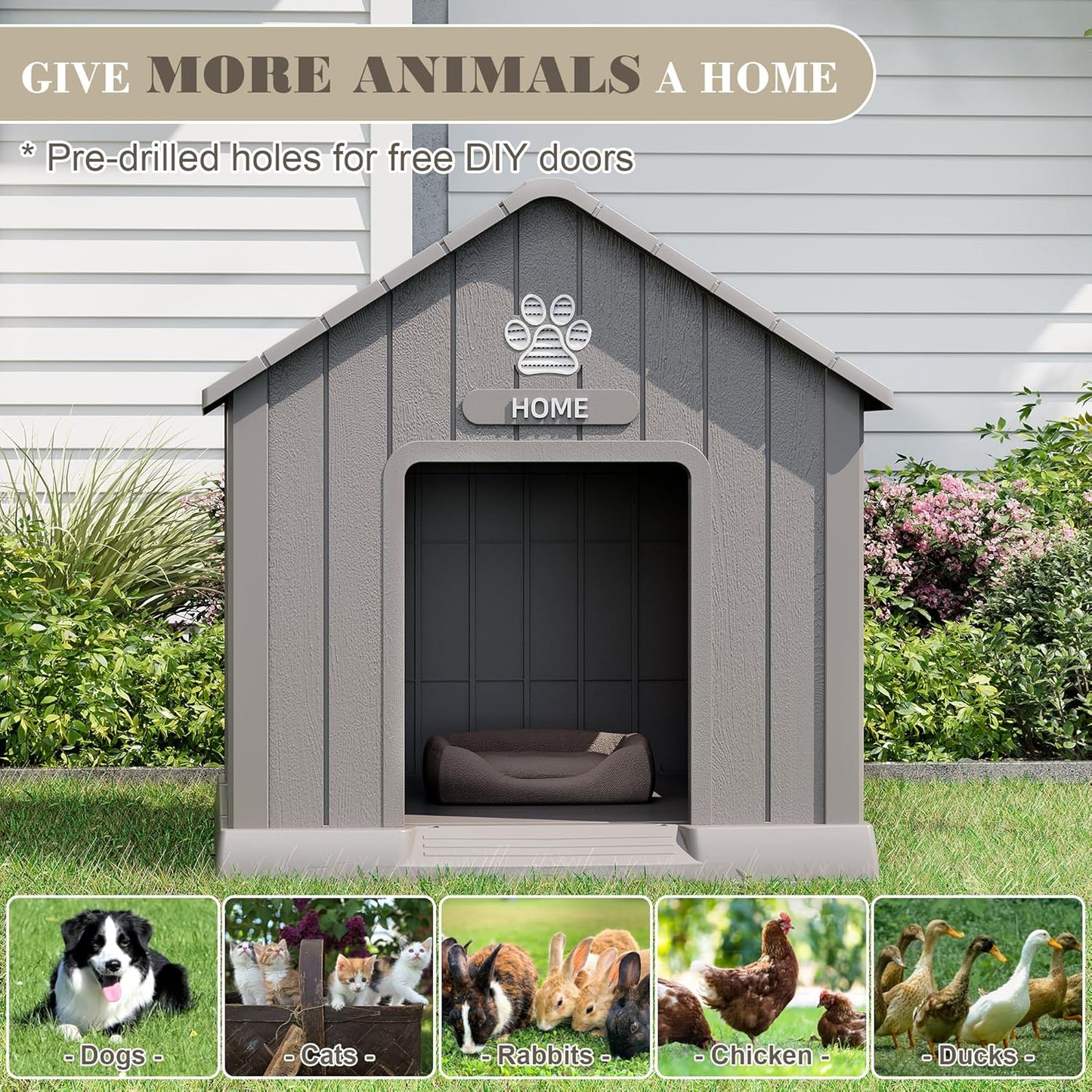 Large Dog House Outdoor Indoor for Medium Large Dogs, Durable Plastic Waterproof Doghouse with Air Vents and Elevated Floor, Easy Clean and Assemble (Grey, 37.2" L x 40" W x 40" H)