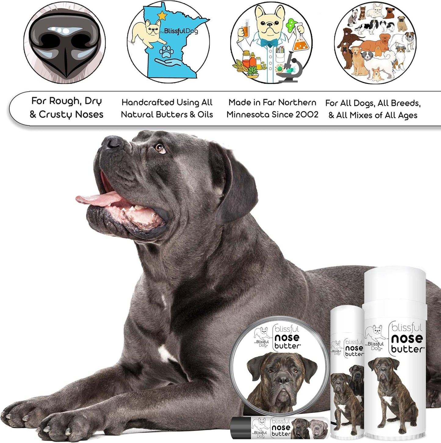 The Blissful Dog Cane Corso Nose Butter for Dry, Cracked Skin, Lick-Safe Dog Nose Balm with Moisturizing Shea Butter, Almond, Olive, and Essential Oils, Pet Supplies, Uncented, 2 oz.