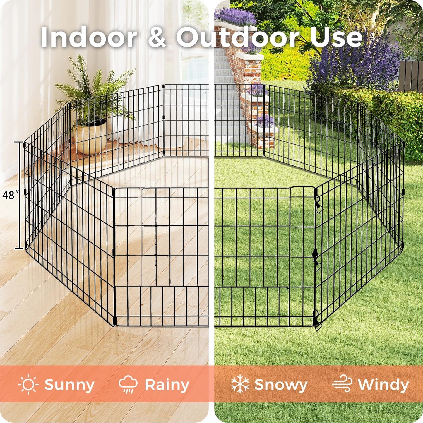 Foldable Dog Playpen 48" Height 8 Panels Metal Exercise Pen No Door - Indoor/Outdoor Dog Play Pen for Medium-Large Dogs, Portable Pet Fence for Yard Garden Camping, Black