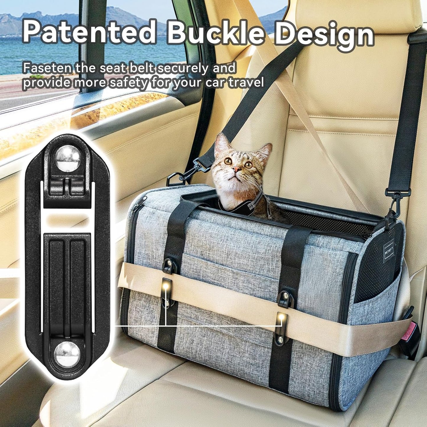 PETSFIT Soft-Sided Cat Carriers & Car Seats with Patent Safe Buckles, Clip-On Harness，18"x11"x11" Airline Approved Pet Carrier - 9 lbs Capacity,Grey