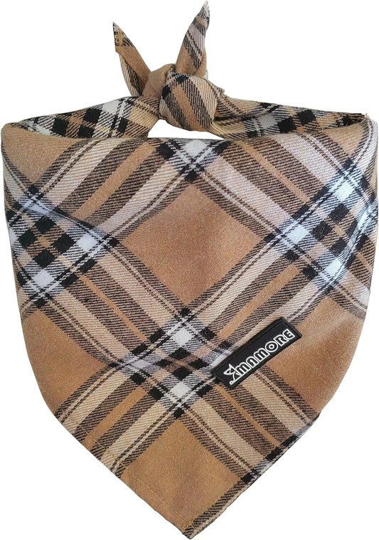 Adjustable Plaid Dog Bandanas,1PC Soft Washable Cotton Triangle Bib Kerchief Scarfs for Small Medium Large Dogs and Cats (Light Khaki, Small)