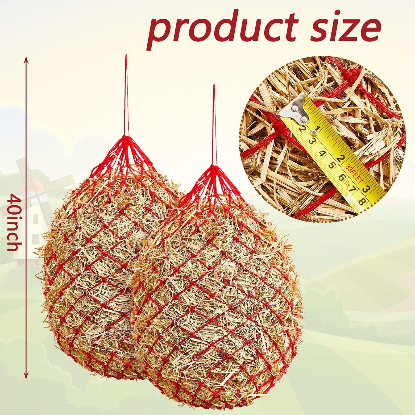 Fabbay 4 Pcs Slow Feed Hay Net Feeder Hay Bag for Horses Slow Feeder 40 Inch Length with 2 Inch Holes Hanging Horse Feed Net for Goat Cattle Equine Stalls Barn Supplies(Red)