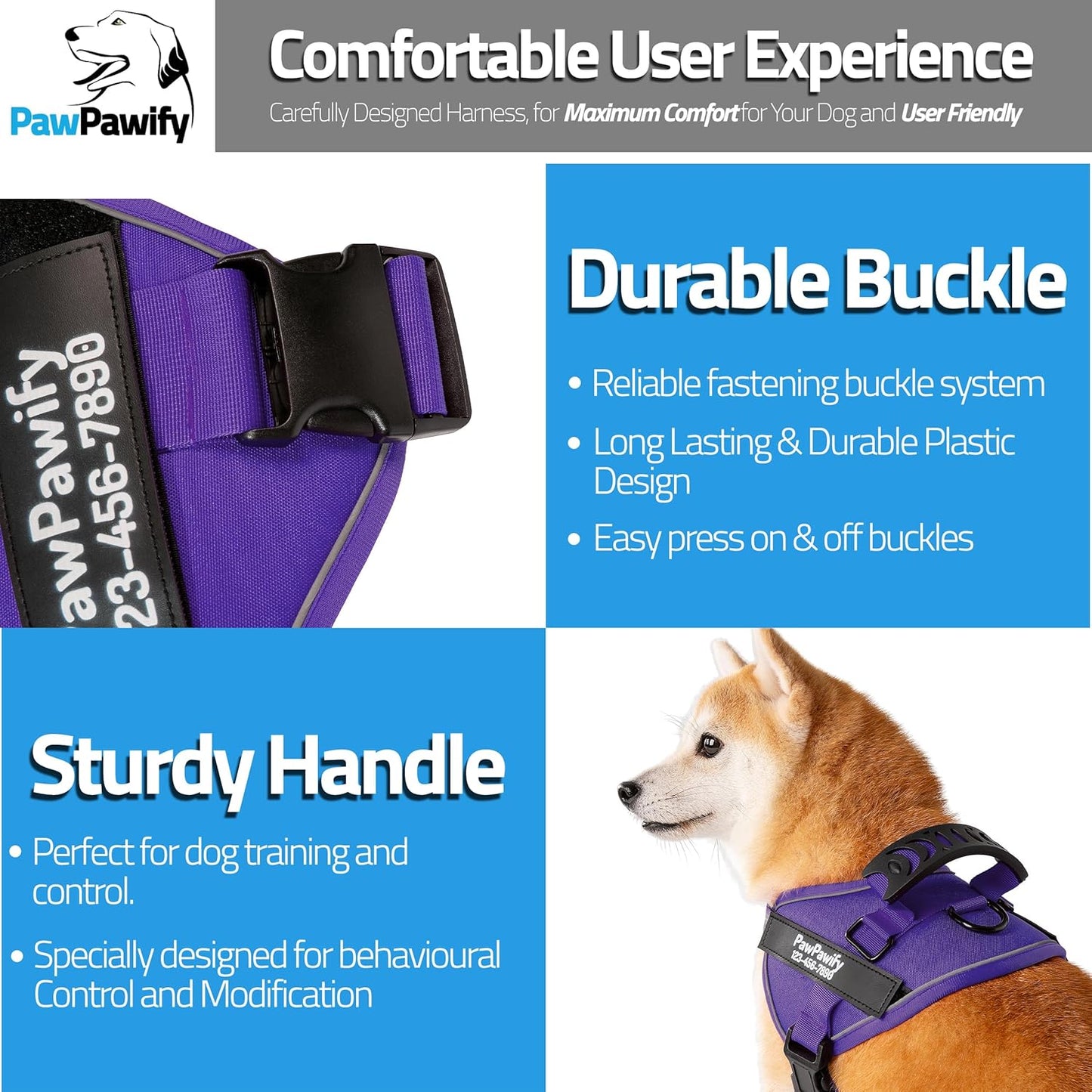PawPawify Custom No Pull Dog Harness with Name and Phone Number, Heavy Duty Personalized Pet Vest to Prevent Tugging, Pulling, or Choking, Training and Walking (New Purple, M (20-40 LBS))