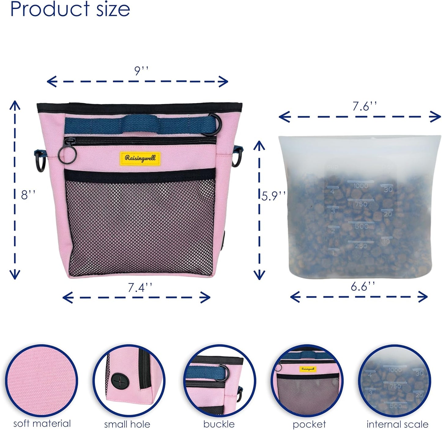 Dog Treat Pouch with Magnetic Closure 4-Cup Silicone Bag Fanny Pack Holder with Clicker 4 Ways to Wear Front Pocket Fits All Phones Ideal for Leash, Pet Walking and Training（Pink）