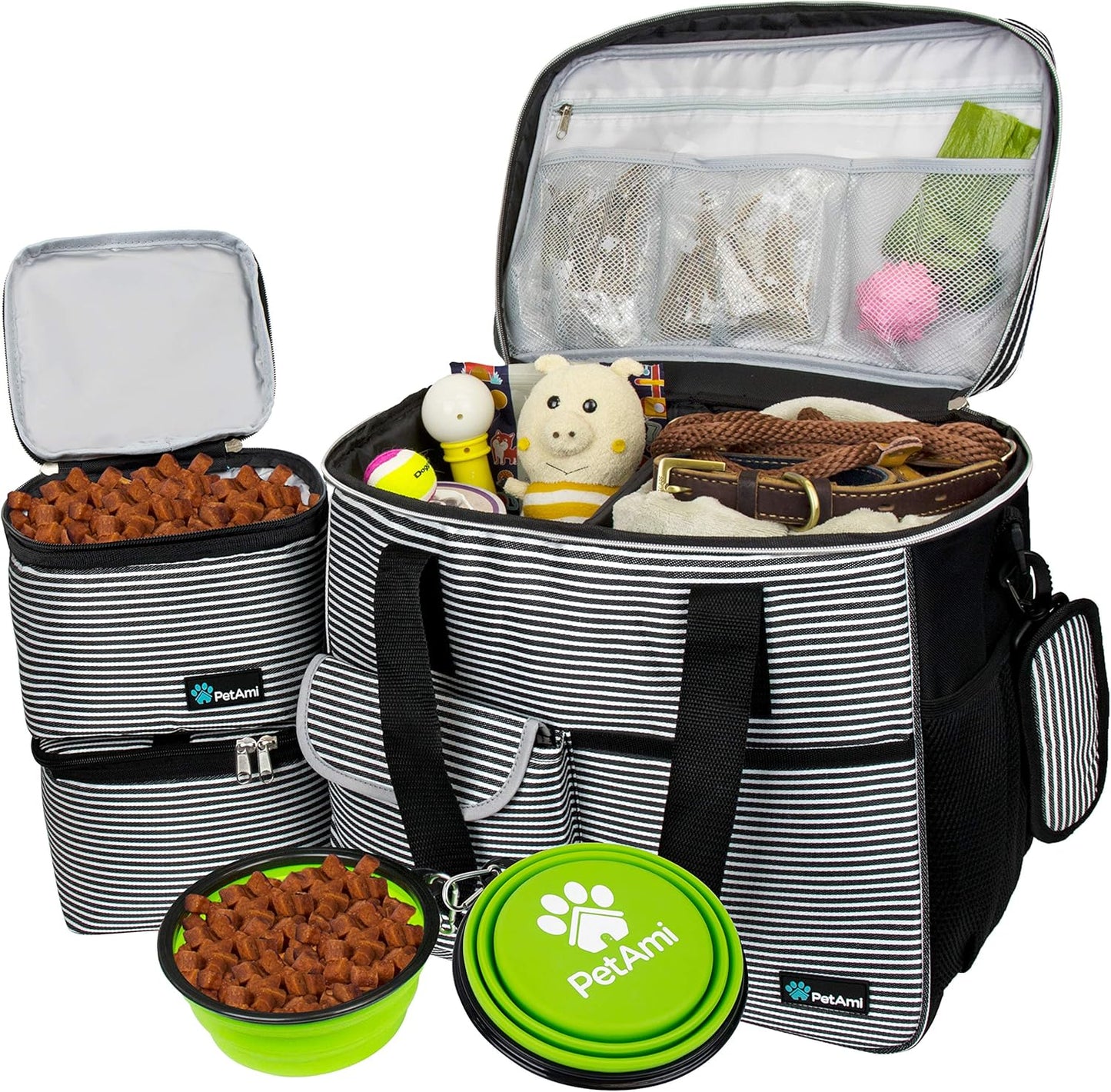 PetAmi Dog Travel Bag - Organizer with Food Container, Bowls & Accessories for Weekend Camping, Cat Diaper Bag (Stripe Black, Large)