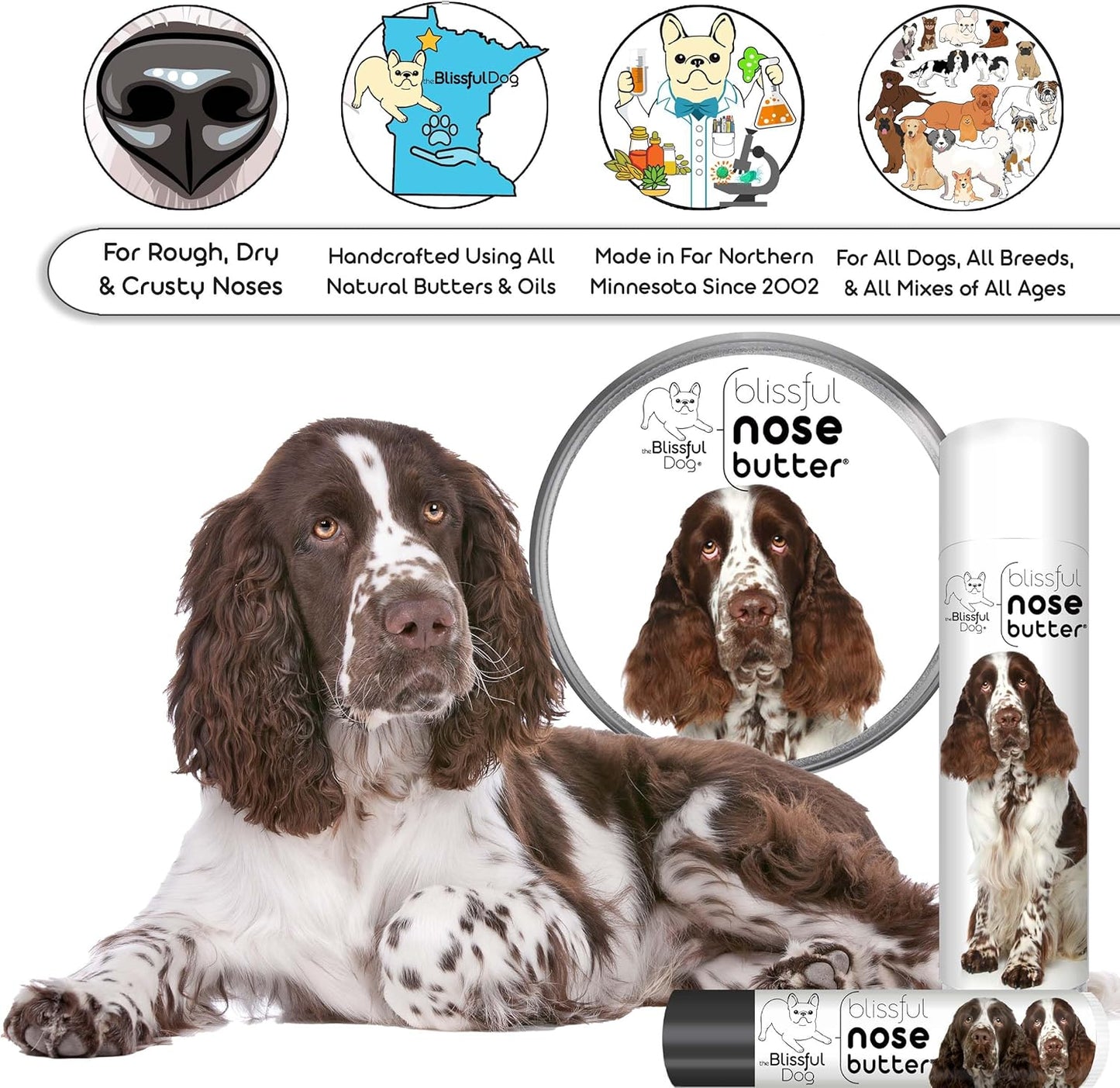 The Blissful Dog Springer Spaniel Nose Butter for Dry, Cracked Skin, Lick-Safe Dog Nose Balm with Moisturizing Shea Butter, Almond, Olive, and Essential Oils, Pet Supplies, Uncented, 2 oz.