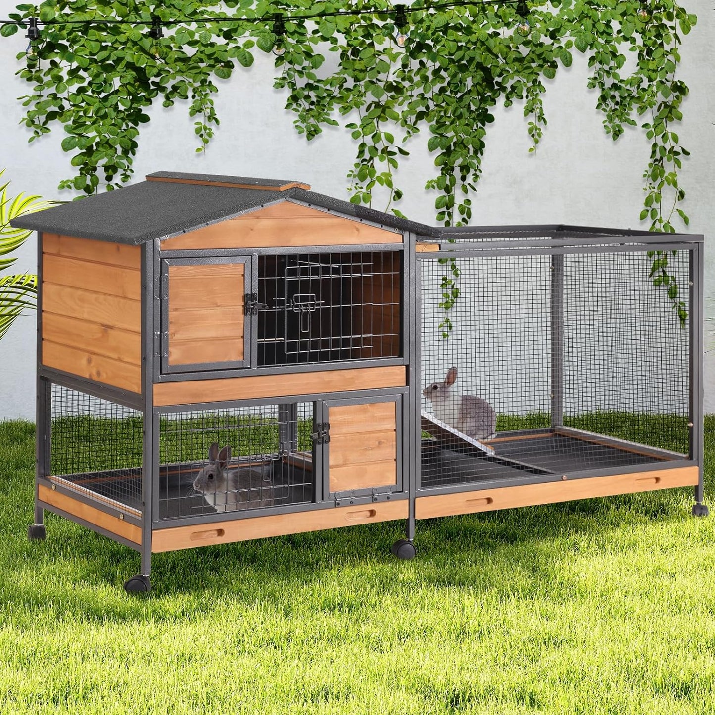 GUTINNEEN 2-Story Rabbit Hutch with Chew-Proof Full Metal Frame for Indoor/Outdoor - 62" Bunny Cage with 6 Locking Casters & 2 Pull-Out Trays for Rabbits, Guinea Pigs, Small Pets (Brown)