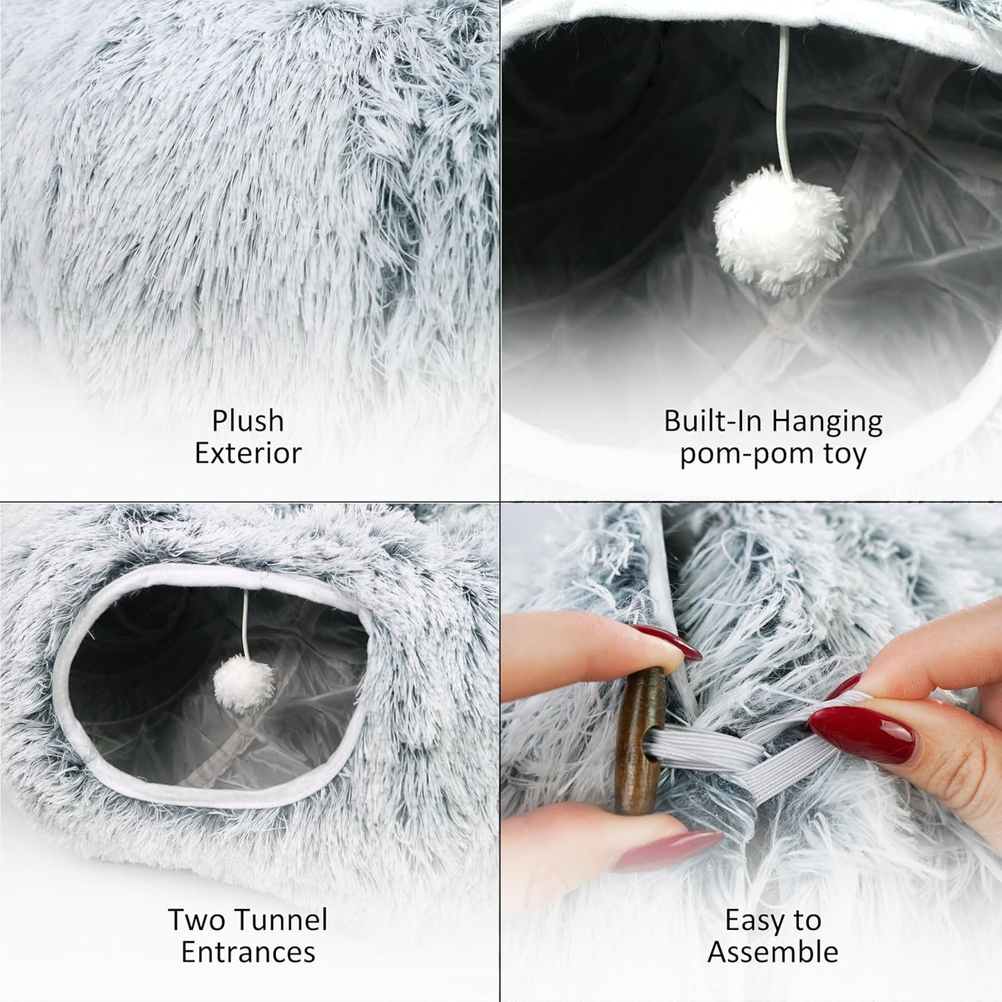 Cat Donut Bed with Washable Cushion – Cat Caves for Indoor Cats – Collapsible Donut Bed with Peekaboo Pet Tunnel & Tunnel Toy – Cozy Hideout for Kittens, Ferrets, Rabbits & Dogs – Grey