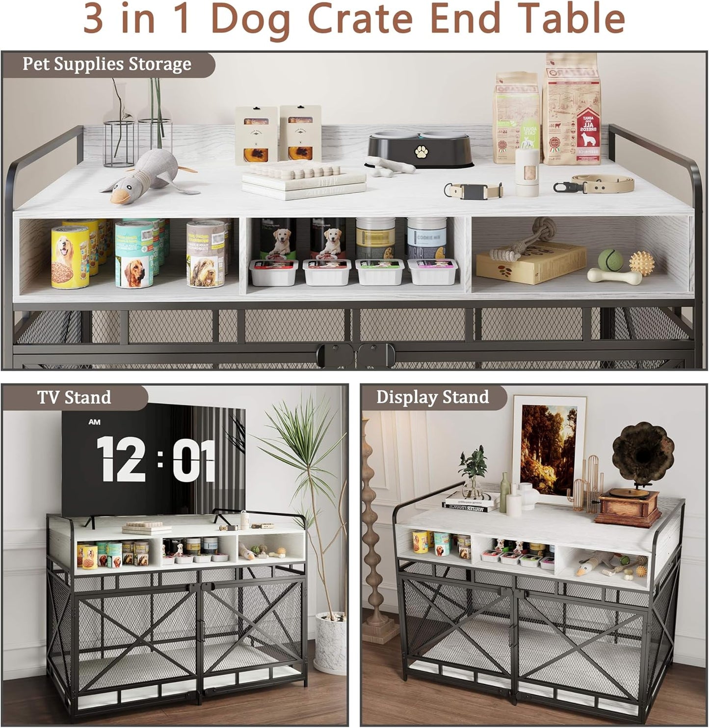 Dog Crate Furniture, 48" Heavy Duty Wooden Dog Crate End Table, XL Dog Kennel Furniture Large Breed, Decorative Dog Kennel Indoor with 3 Drawers & Steel Tube 48"L x28"W x36"H (White and Black)