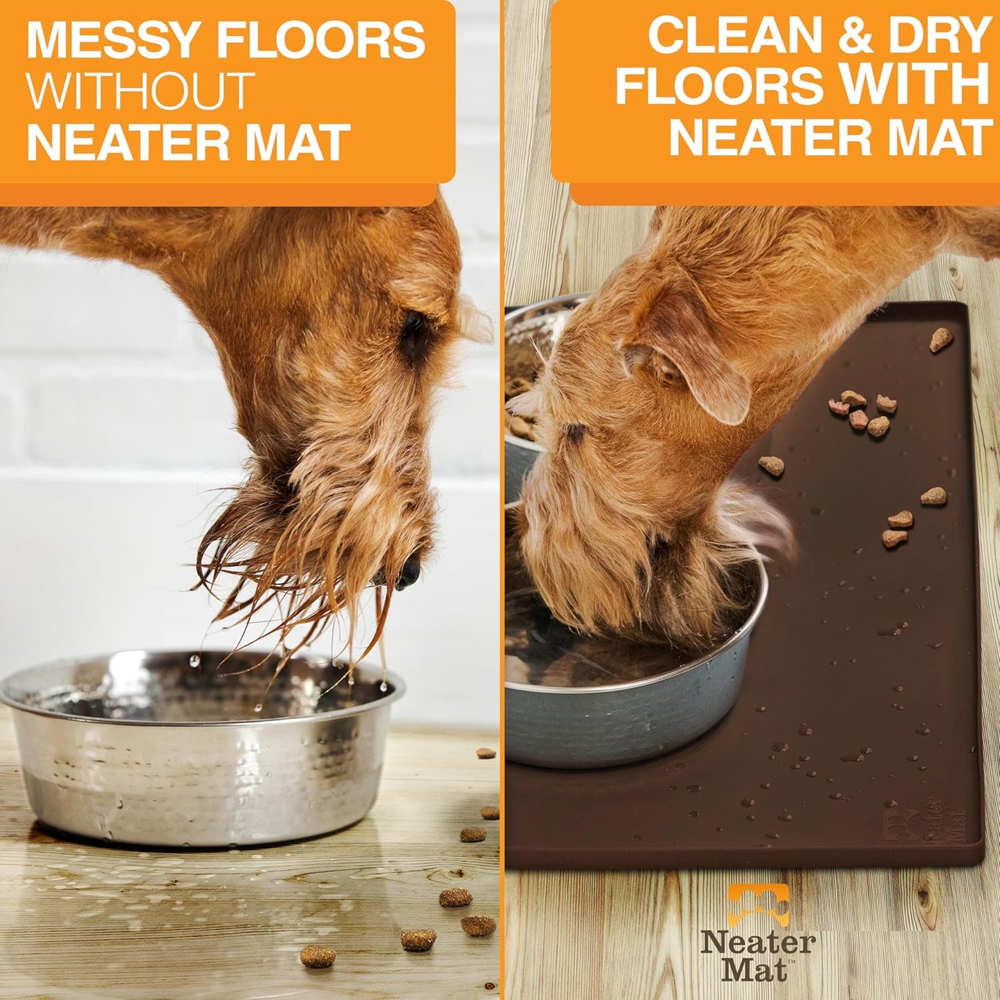 Neater Pet Brands Neater Mat Pet Mats for Food and Water, Cat & Dog Bowl Mat Waterproof Silicone, Feeding Tray, Dog Food Mats for Floors, Placemat w/Raised Edge for Under Bowls, 32" x 24", Brown