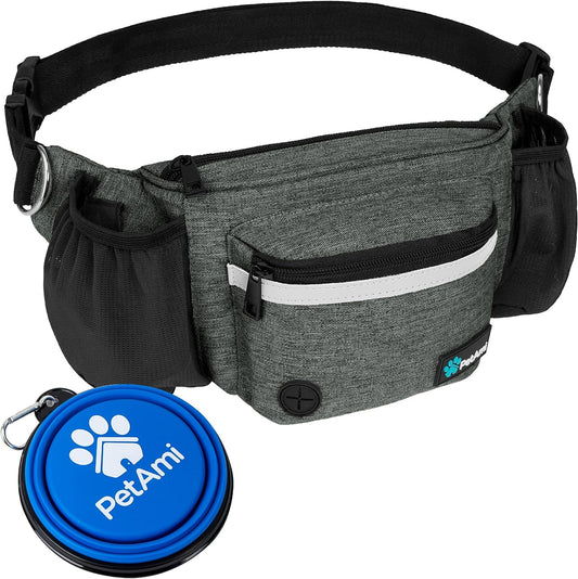 PetAmi Dog Fanny Pack, Treat Pouch for Dog Walking, Training, Built in Poop Bag Dispenser, Water Bottle Holder, Collapsible Bowl, Pet Treat Waist Belt for Hiking, Running, Kibbles (Charcoal)