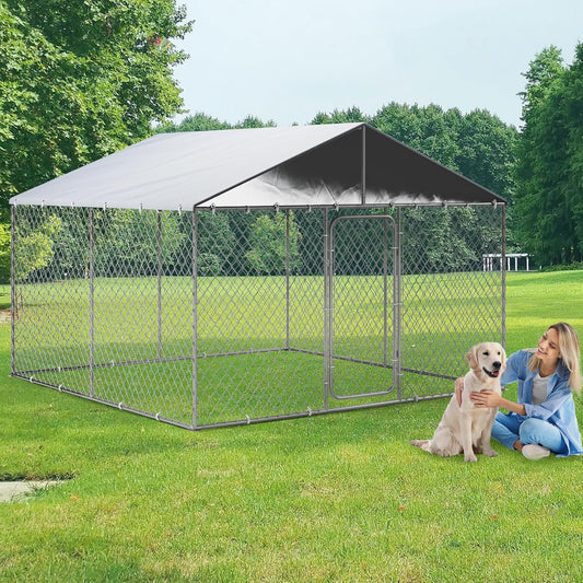 Outdoor Dog Kennel with Cover, Large Dog Run Fence House Big Cage Pen Enclosure, Heavy Duty Dogs Play Cage Pen Kennel (118" L x 118" W x 83" H)