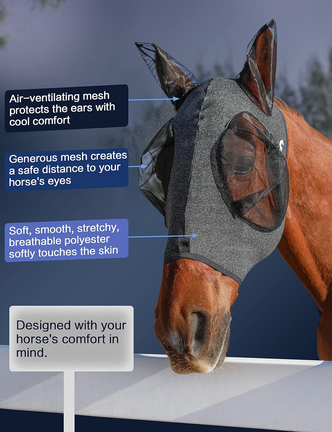 Horse Fly Mask with Ears, UV Protection Mask for Horses, Elasticity Mask with Big Mesh Eye Covers, Snug Fitting Comfortable Breathable Lightweight Dappled Gray Full Size