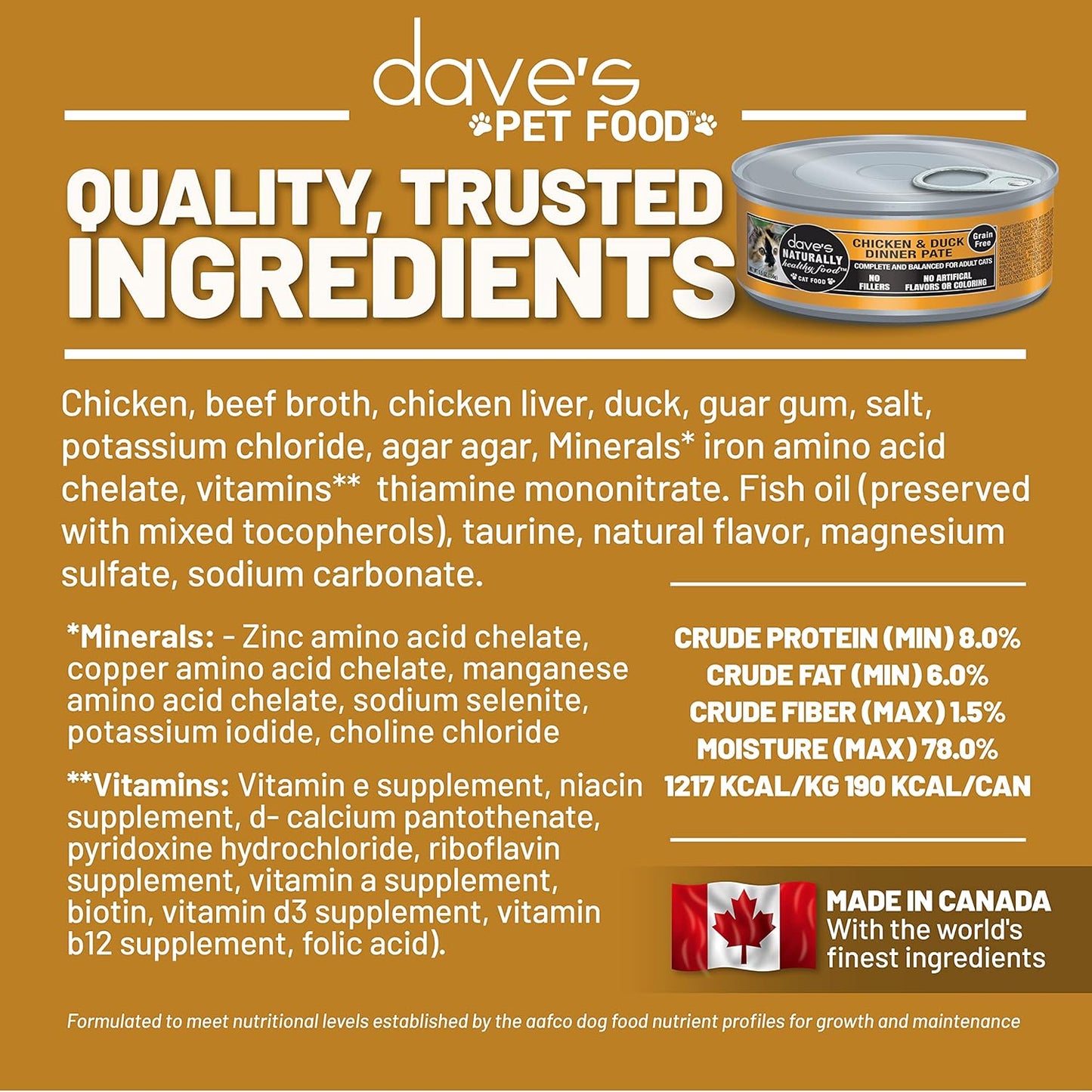 Dave's Pet Food Grain Free Wet Cat Food Pate (Chicken & Duck Dinner), Made in Canada Naturally Healthy Canned, Added Vitamins & Minerals, 5.5 oz Cans (24 Pack)
