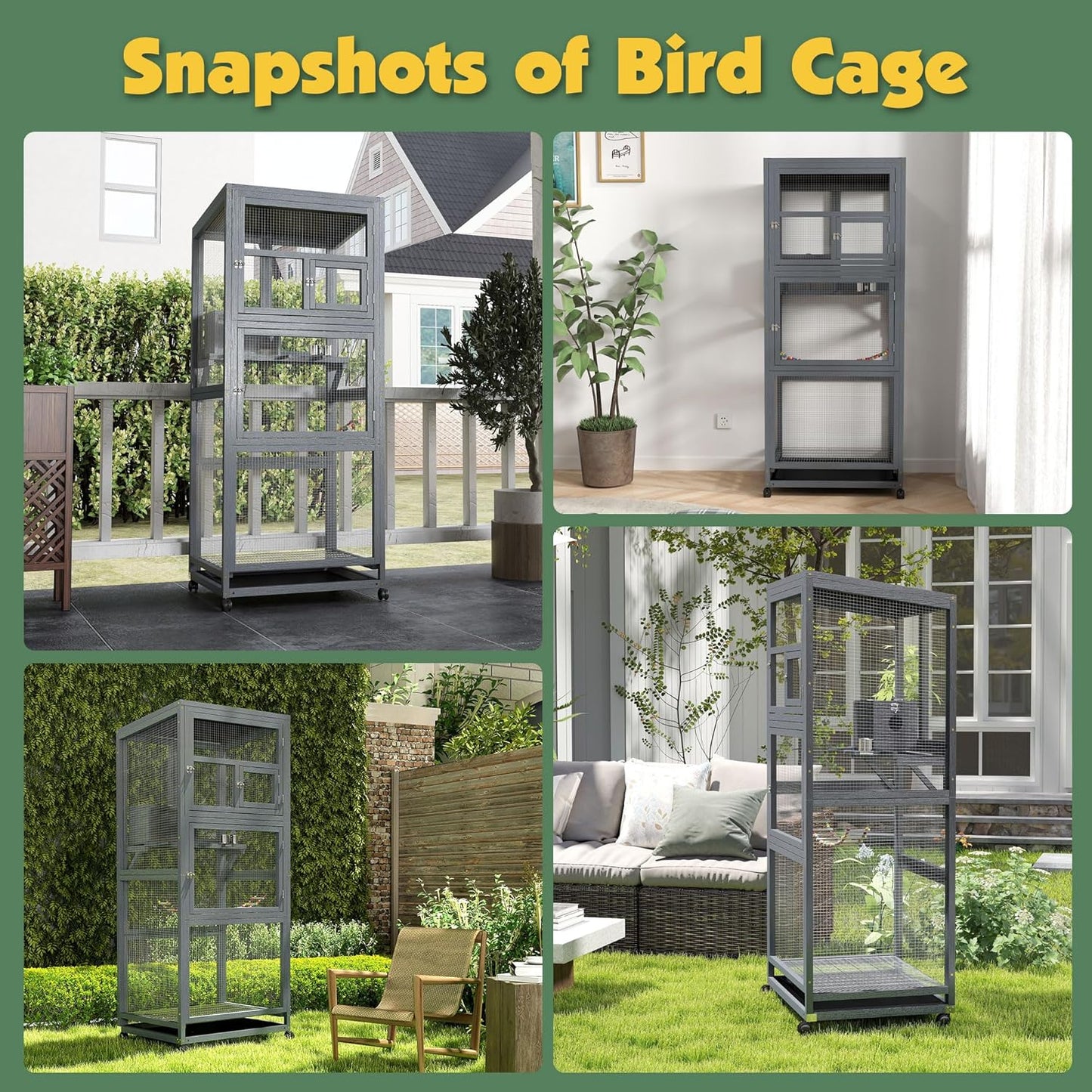 Coziwow 68" H Large Wood Bird Cage on Wheels, Outdoor Bird Aviary Indoor Wooden Large Bird Cage Parakeet Cage with Pull Out Tray and Feeder,Ideal for Small Birds,Finches,Parrots, Gray