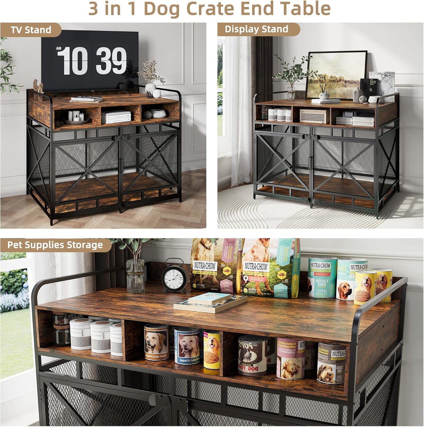 Dog Crate Furniture, 43" Heavy Duty Wooden Dog Crate End Table, XL Dog Kennel Furniture Large Breed, Decorative Dog Kenne Indoor with 3 Drawers & Steel Tubes 43" L x28 W x36 H (Rustic Brown)