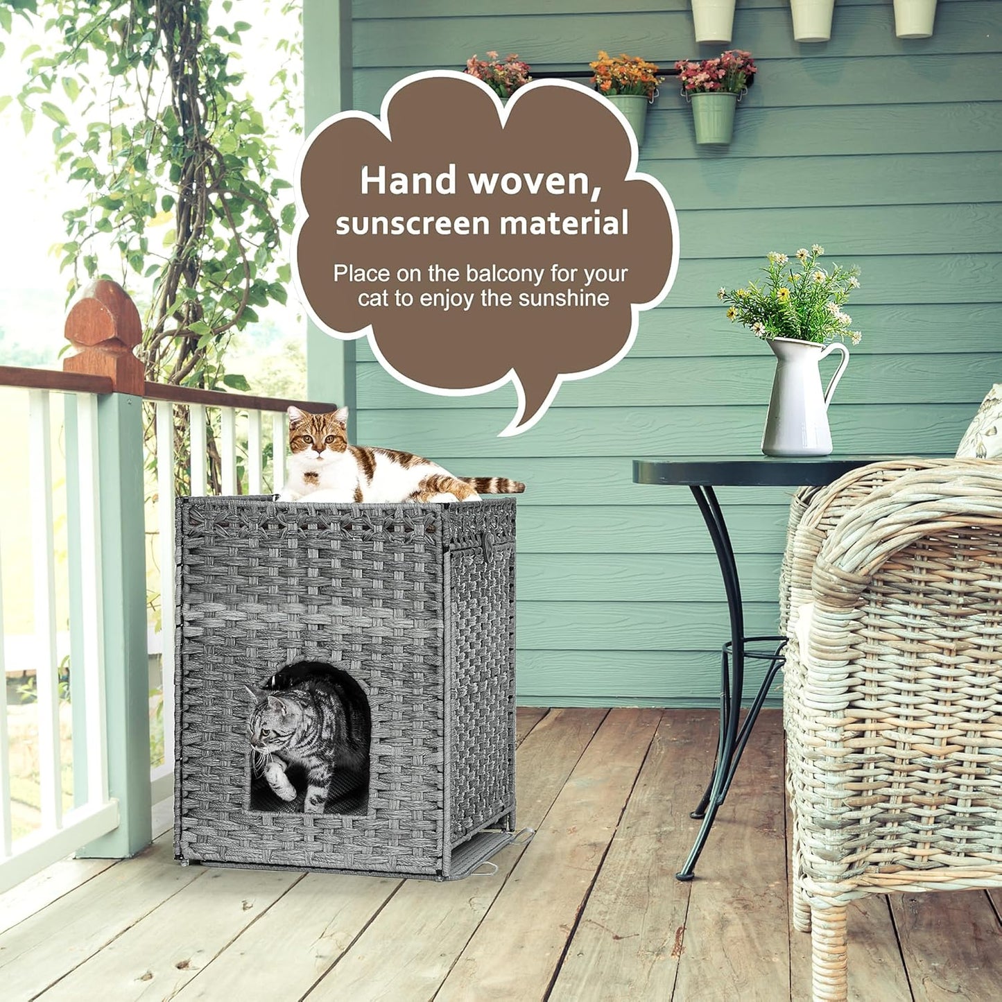 Cat Litter Box Enclosure with Soft Litter Mat; Hidden Kitten Washroom Furniture with Door; Handwoven Rattan Cat House; Pet Crate for Living Room, Bedroom, Balcony (Grey)