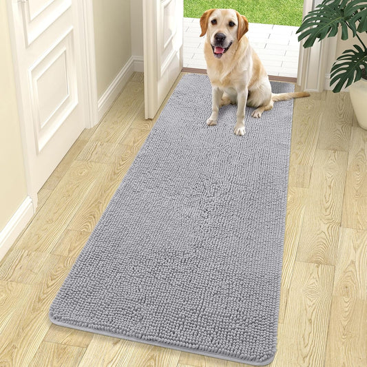 OLANLY Dog Door Mat for Muddy Paws 70x24, Absorbs Moisture and Dirt, Absorbent Non-Slip Washable Doormat, Quick Dry Chenille Mud Mat for Dogs, Entry Indoor Entryway Carpet for Inside Floor, Light Grey
