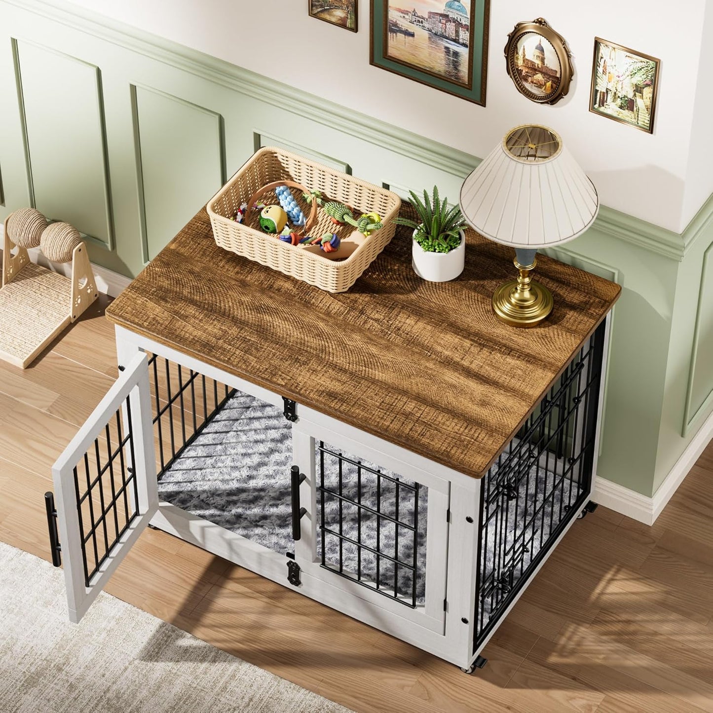 Lulive Dog Crate Furniture for Medium Dogs, 32'' Dog Kennel Indoor with Cushion & Wheels Wooden Dog Cage Double Doors Dog Crate End Table, White