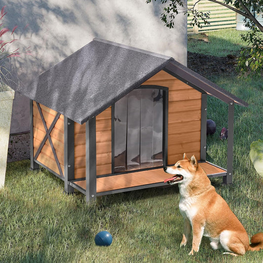 Outdoor Dog House,Weatherproof Wooden Dog Shelter for Medium to Large Sized Dogs,Iron Frame Indoor Outdoor Doghouse,Puppy Kennel,Pets Warm House in Winter with Large Porch