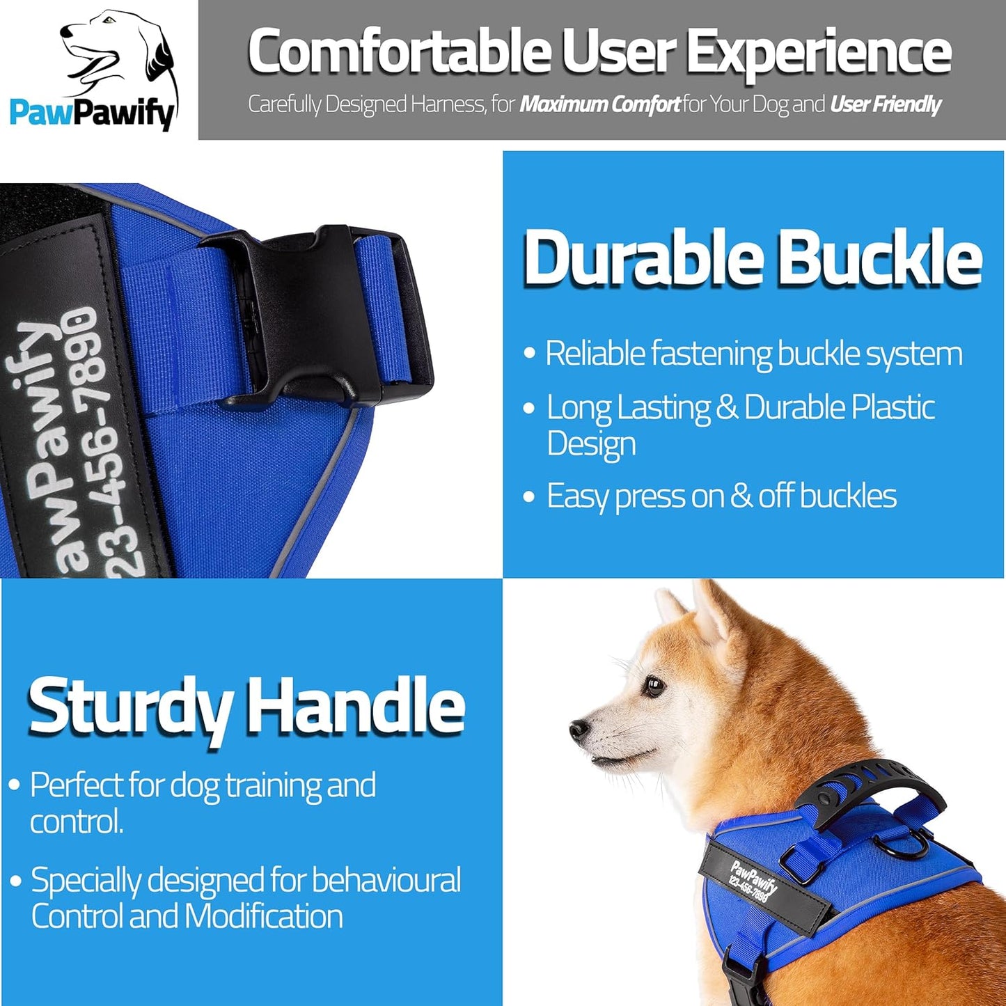 PawPawify Custom No Pull Dog Harness with Name and Phone Number, Heavy Duty Personalized Pet Vest to Prevent Tugging, Pulling, or Choking, Training and Walking (New Blue, L (40-60 LBS))