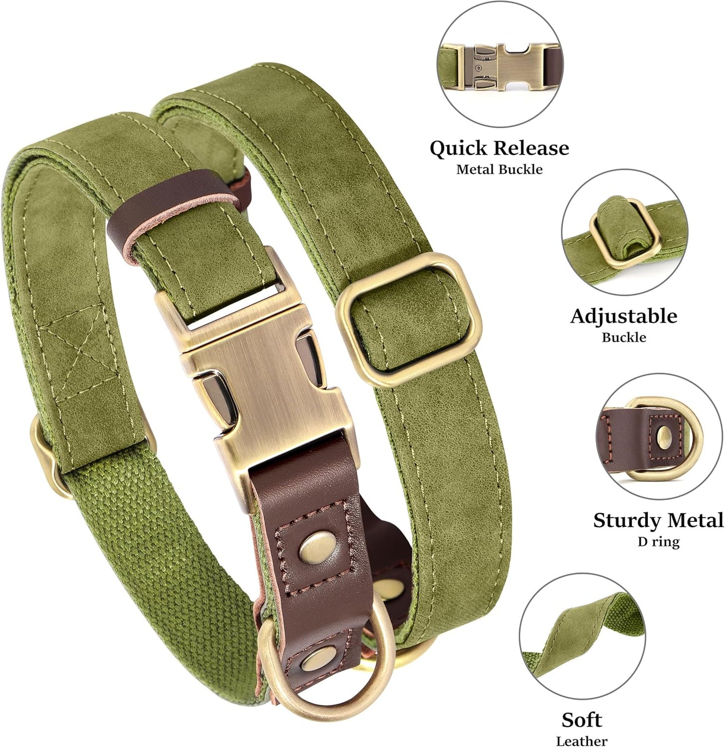 Didog Soft PU Leather Dog Collar for Large Dogs,Classic Adjustable Dog Collars with Quick Release Metal Buckle,Easy Clean and Comfortable with Nylon Lining,Olive Green,L Neck 15-23"