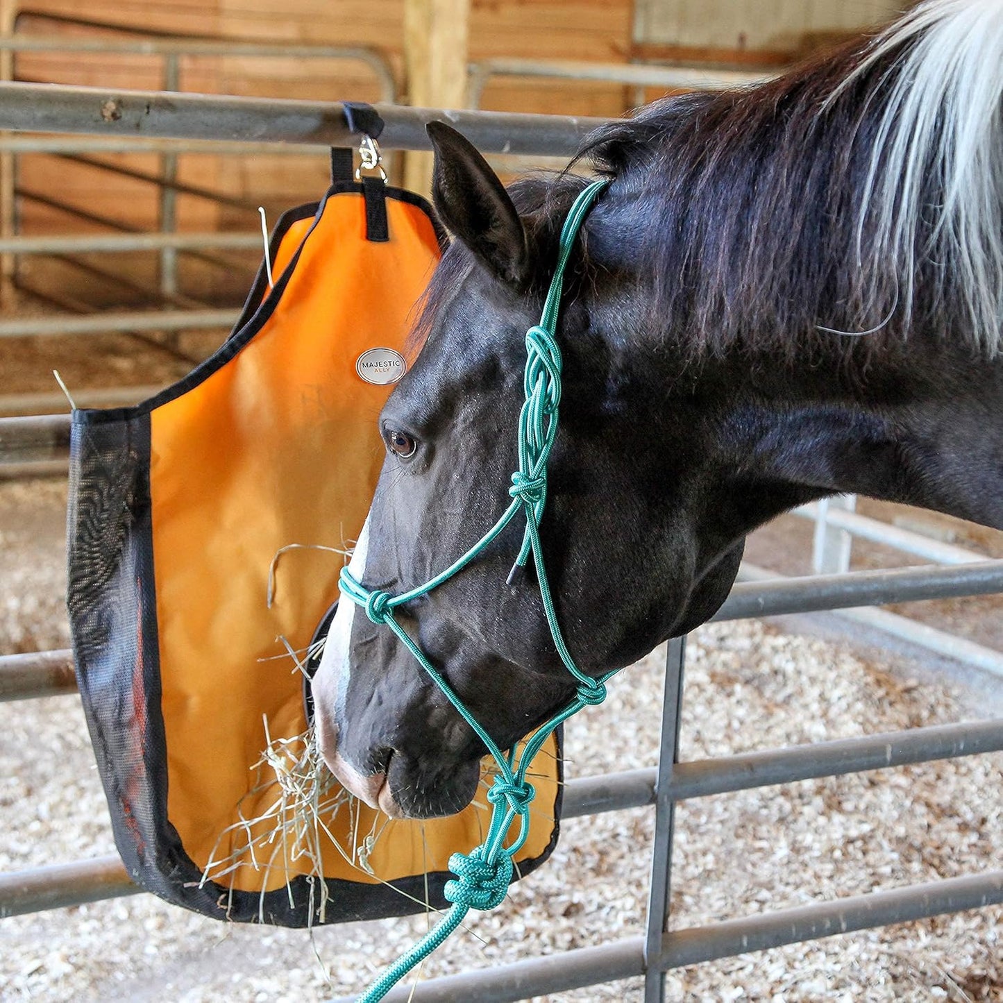 Majestic Ally 1200 D Hay Feeder Tote Bag for Horses, Sheep with Reflective Trim- Reduces Waste - Comes with 36” Hay Net (Orange)