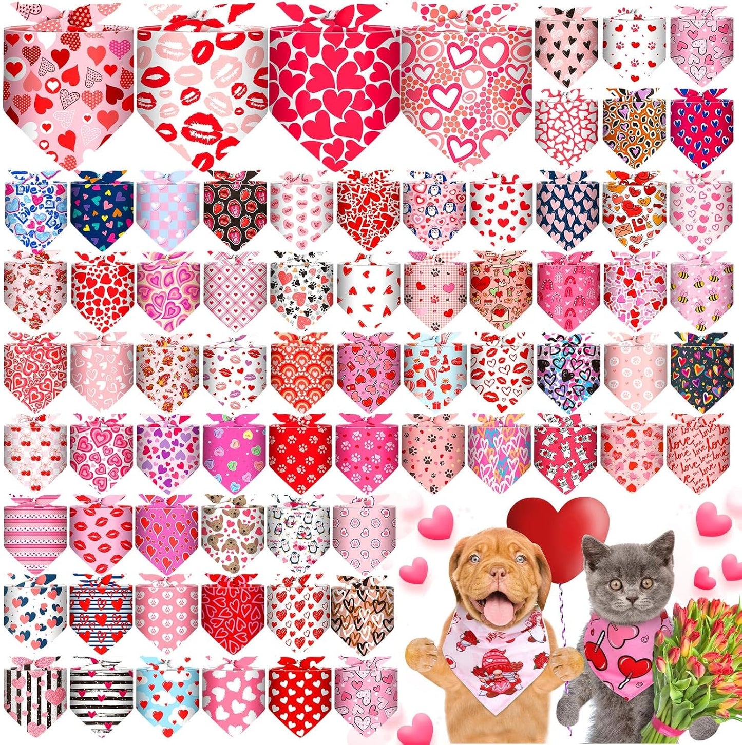 Reginary 72 Packs Valentine‘s Day Dog Bandanas Heart Adjustable Pet Bandanas Triangle Scarf Dog Bibs for Pet Costume Accessories (Heart)