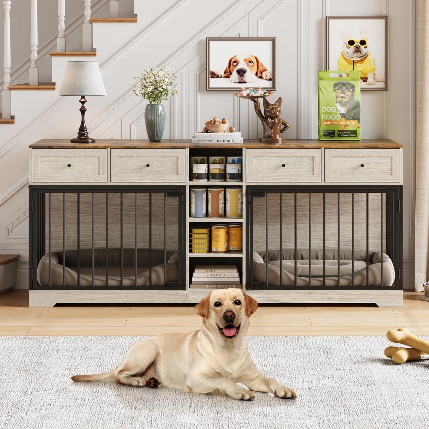 GarveeHome 82" Double Dog Crate Furniture, Large Dog Kennel Indoor for 2 Dogs, Heavy Duty Wooden Dog Crate TV Stand with 4 Drawers and Shelves, Washed White