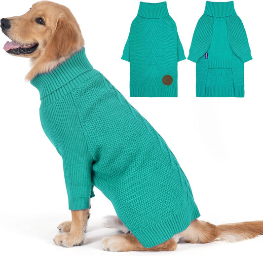cyeollo Warm Turtleneck Large Dog Sweater, Stretchy & Cozy Knit Doggy Sweater with Sleeves Fall Winter Cold Weather Big Dog Clothes Like Doberman Labrador, Aqua Green XXXL