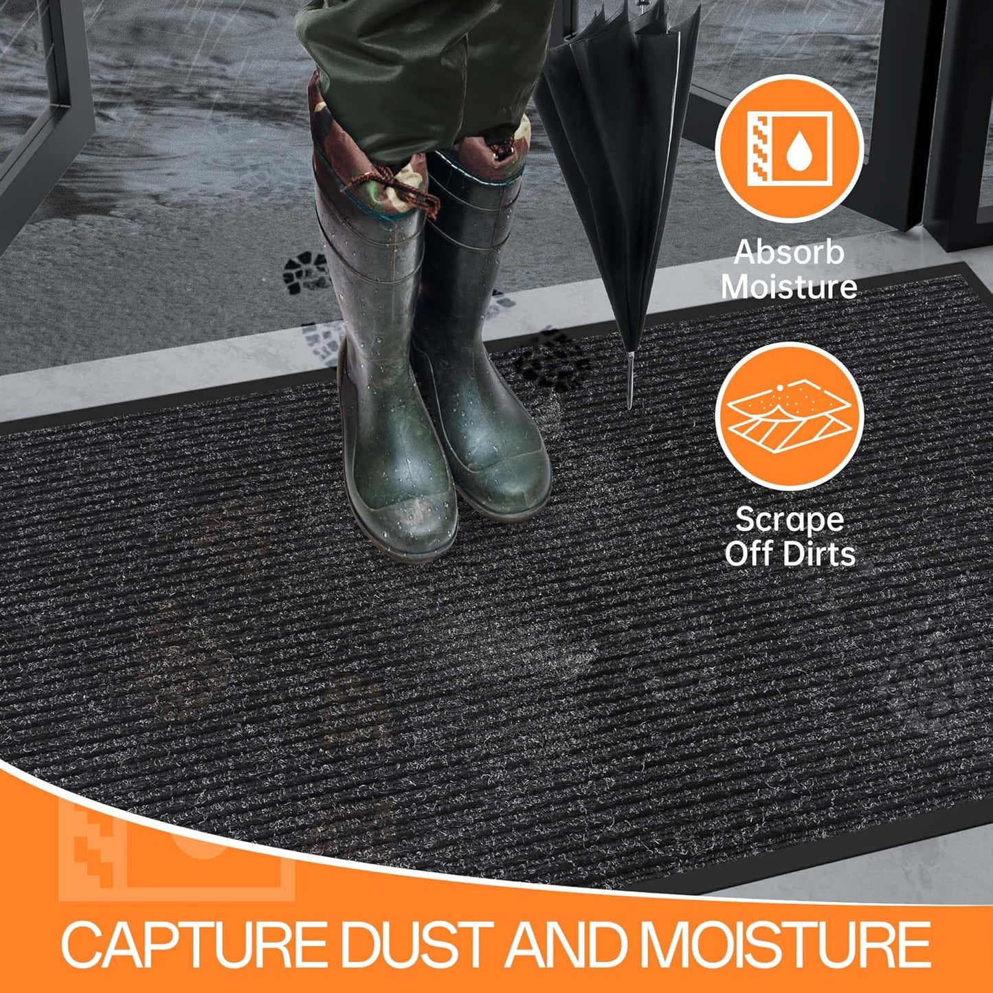 Indoor Outdoor Door Mat, 10' x 3' Doormat for Entryway, Rubber Backing Non Slip Front Door Mat Outside Entrance, Super Absorbent Commercial Floor Mat for Home Office, Black