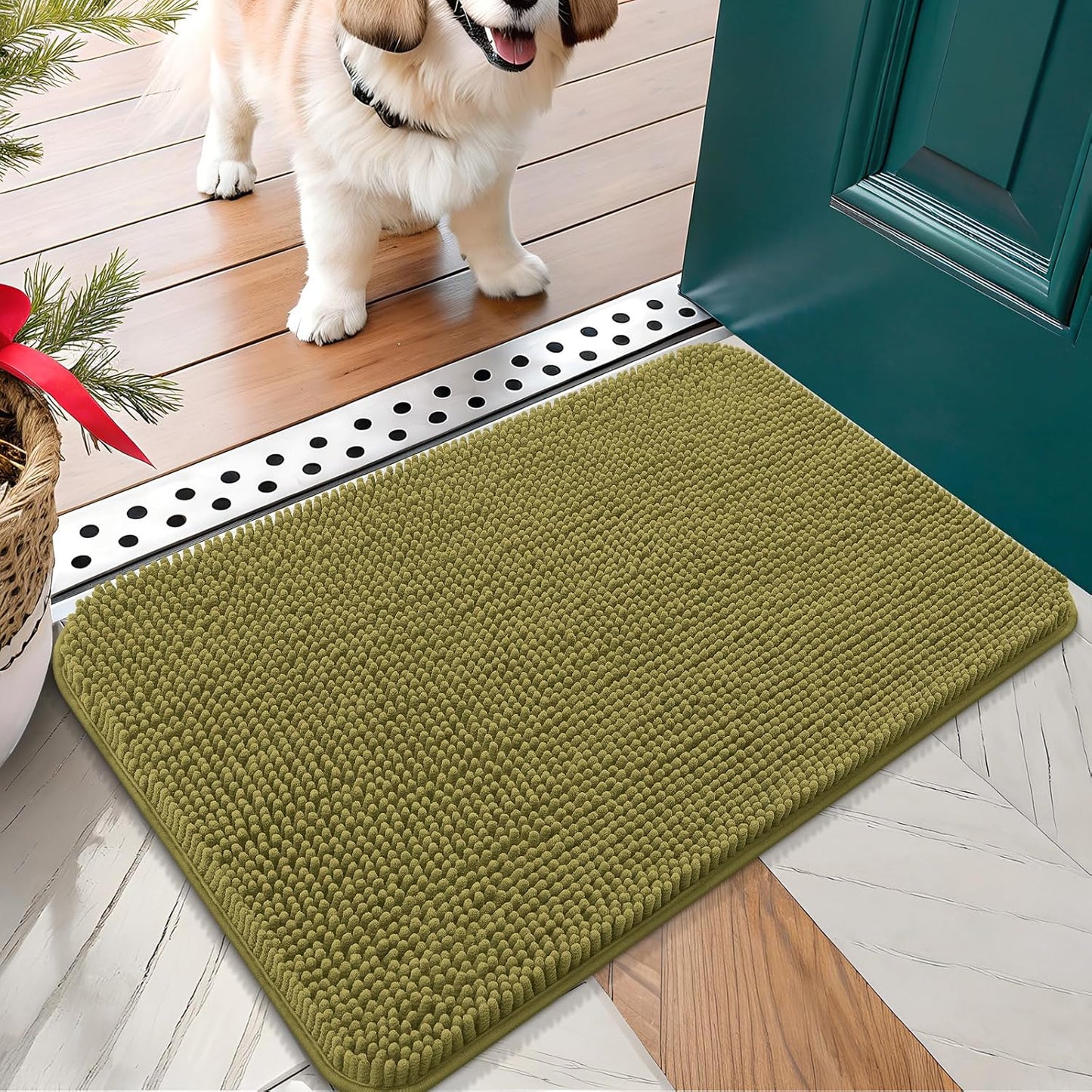 OLANLY Dog Door Mat for Muddy Paws 24x16, Absorbs Moisture and Dirt, Absorbent Non-Slip Washable Doormat, Quick Dry Chenille Mud Mat, Entry Indoor Entryway Carpet for Inside Floor, Willow Green