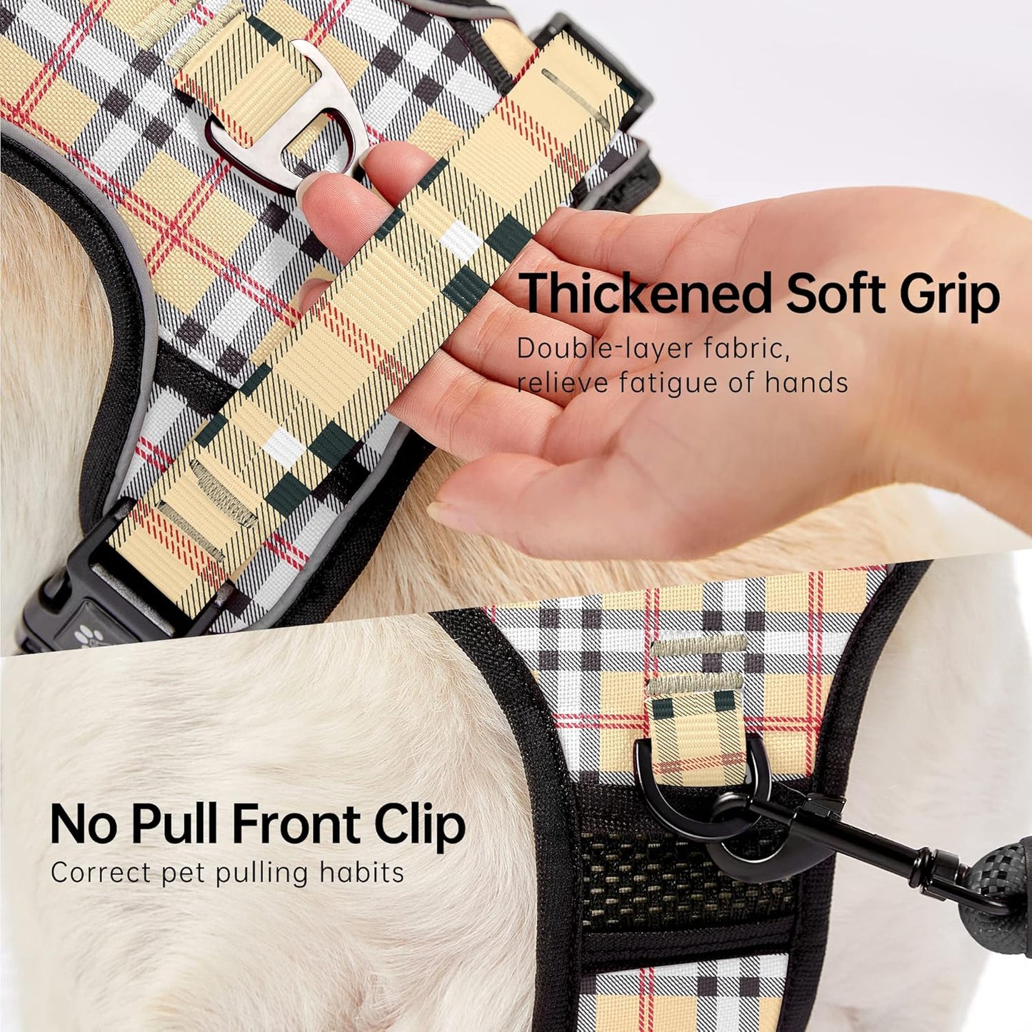 NESTROAD No Pull Dog Harness with Leash, Reflective No Choke Pet Vest Harness,Adjustable Soft Padded Dog Harness with Easy Control Handle for Large Dogs(Checkered Beige,X-Large)