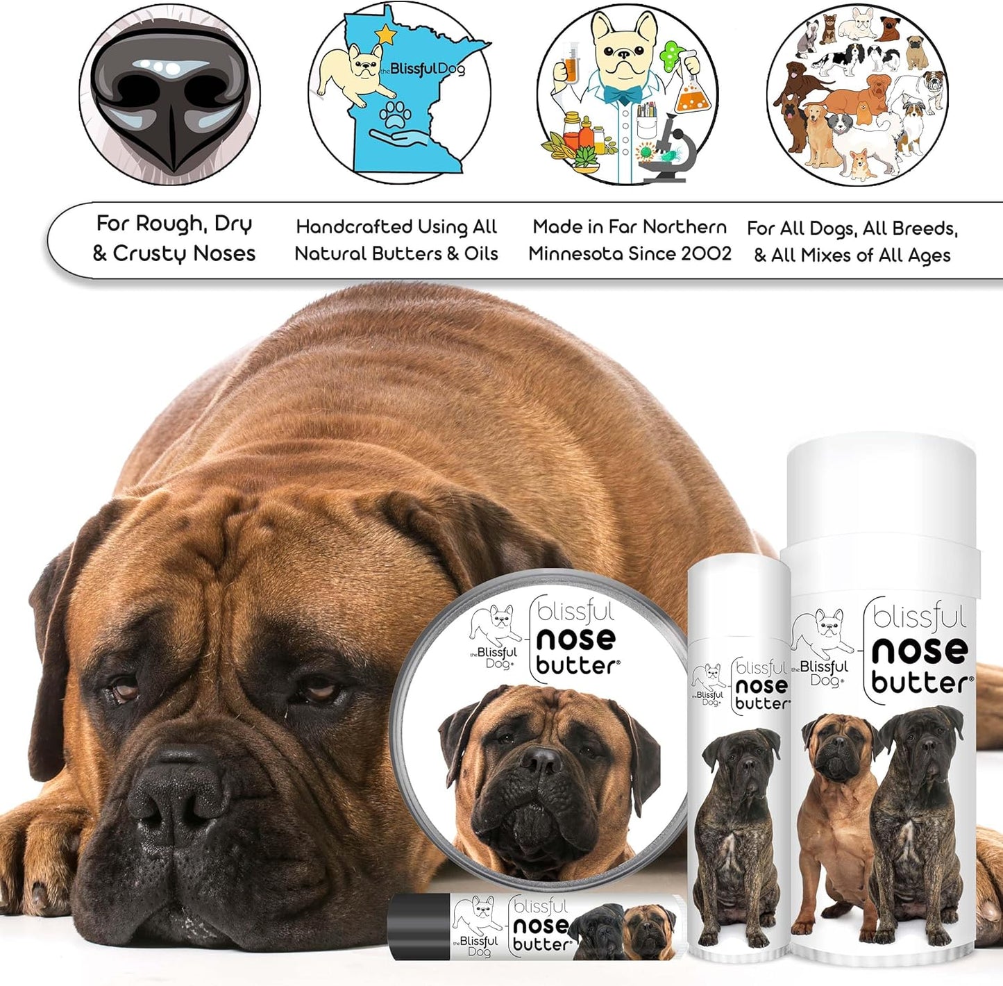 The Blissful Dog Bullmastiff Nose Butter for Dry, Cracked Skin, Lick-Safe Dog Nose Balm with Moisturizing Shea Butter, Almond, Olive, and Essential Oils, Pet Supplies, Uncented, 4 oz.