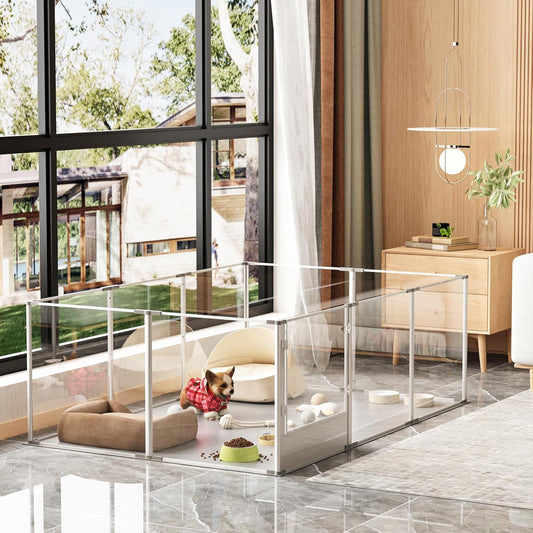 Dog Clear Playpen Fence Kennel: 10Panels Indoor Transparent Whelping Box Pen Cage with Waterproof whelping pad - Extra Long Acrylic Exercise Kennel with Metal Frame for Cats Puppy Rabbits Guinea Pig