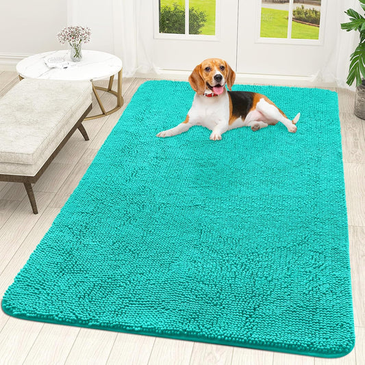 OLANLY Dog Door Mat for Muddy Paws 59x35, Absorbs Moisture and Dirt, Absorbent Non-Slip Washable Doormat, Quick Dry Chenille Mud Mat for Dogs, Entry Indoor Entryway Carpet for Inside Floor, Teal