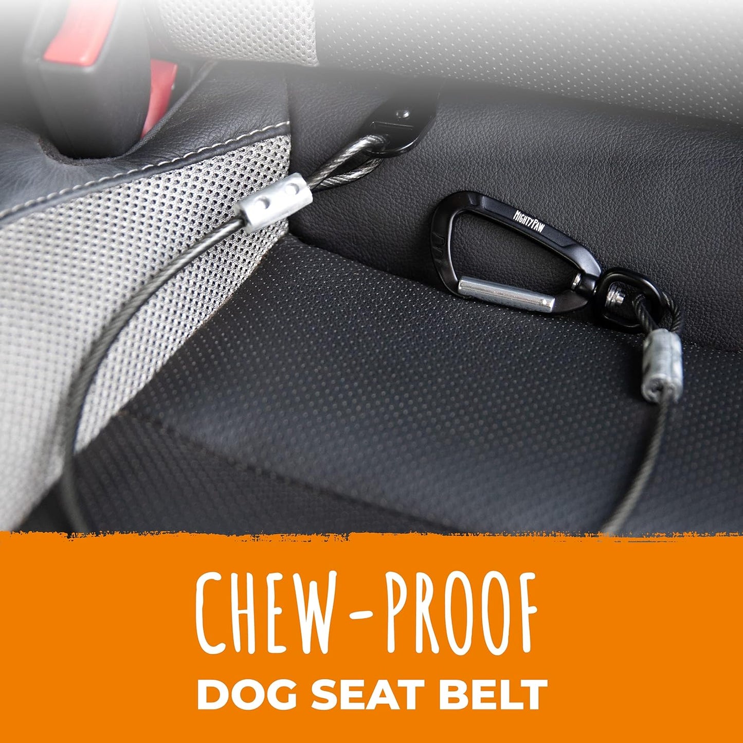 Mighty Paw Dog Seat Belt - Chew-Proof Metal Safety Restraint - Steel Braided Vehicle Tether - Rock Climbers Carabiner Included - Pet Car Leash Seat Belts - Dogs Car Safety Harness -Black, 40cm