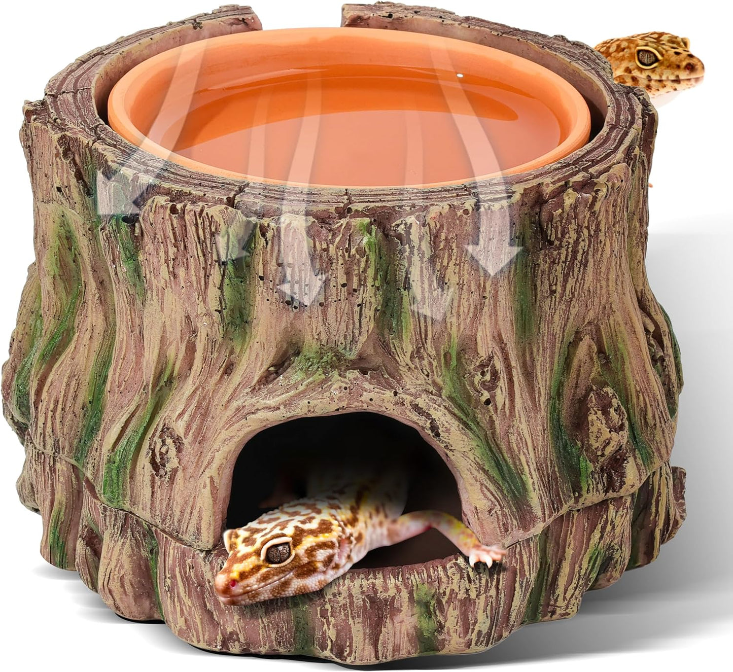 3 in 1 Reptile Hide Cave,Lizard Humid Hideout with Detachable Base and Clay Water Dish,Essential Reptile Terrarium Tank Accessories Decor for Leopard Geckos, Crested Geckos, Snakes, Crabs