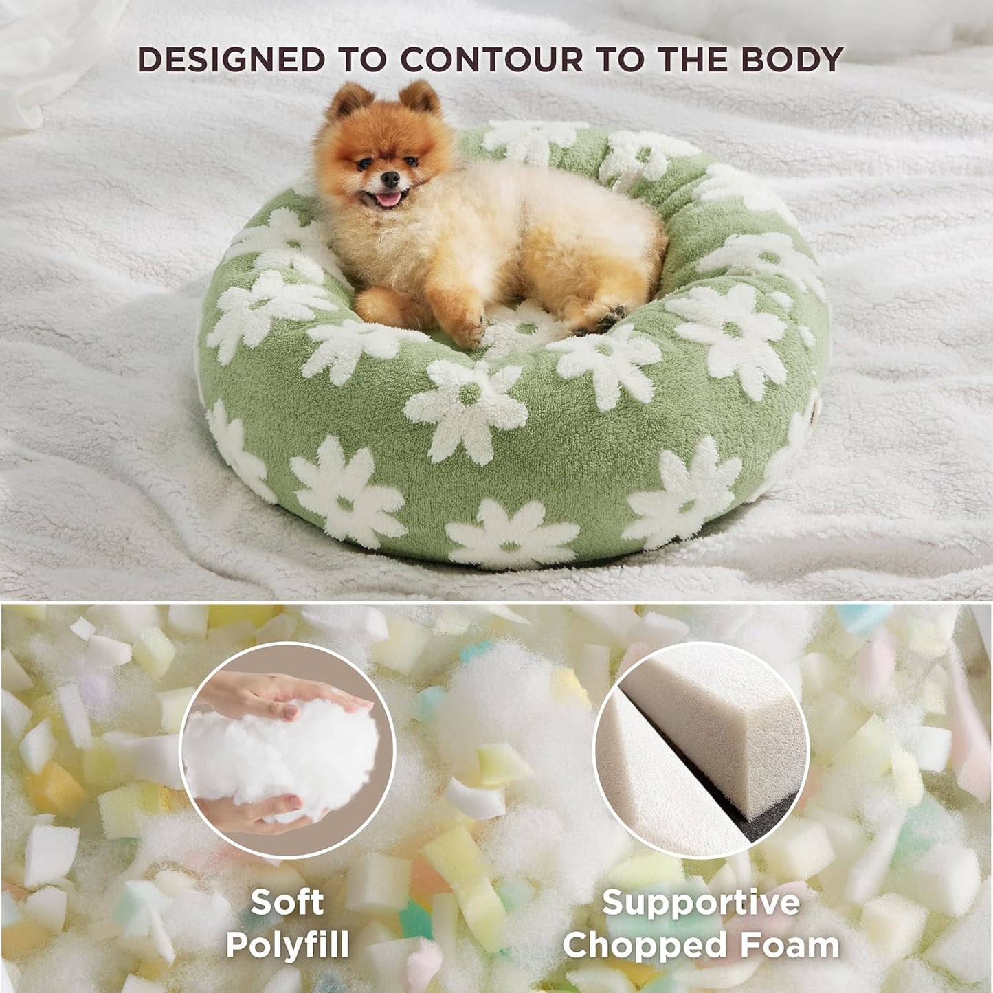LE SURE Donut Small Dog Bed - Round Cat Beds for Indoor Cats Calming Pet Beds, Cute Modern Beds with Jacquard Shaggy Plush & Anti Slip Bottom, 27 Inch, Green