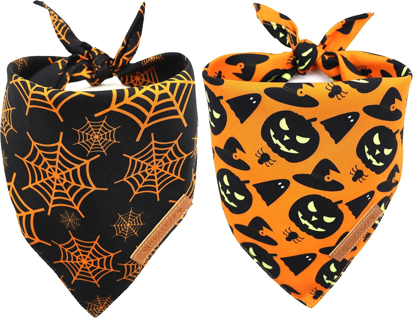 Realeaf Halloween Dog Bandanas 2 Pack, Pumpkin and Spider Web Bibs, Triangle Reversible Fall Pet Scarf, Premium Durable Fabric, Adjustable Fit (Large)