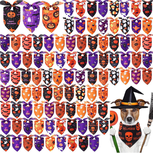 Abbylike 100 Pcs Halloween Dog Bandanas Bulk Pumpkin Bandanas for Dogs Triangle Kerchief Bibs Scarf Set for Pet Halloween Costume Photo Props Accessories Pet Shops, 25 Styles (19.7 x 13.8 x 13.8)