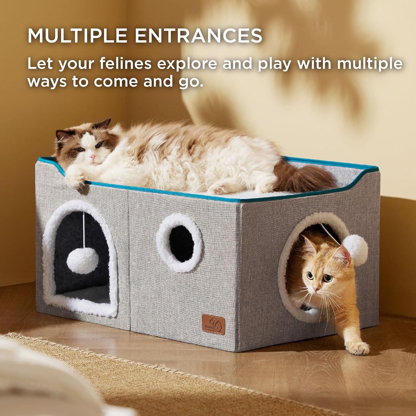 Bedsure Large Cat Beds for Indoor Cats - Extra Wide Cat Cube House for Small Pet with Fluffy Ball Hanging and Scratch Pad, Foldable Pet Cave Hideaway for Multiple Cats, 23.6x16.9x13 inches, Grey
