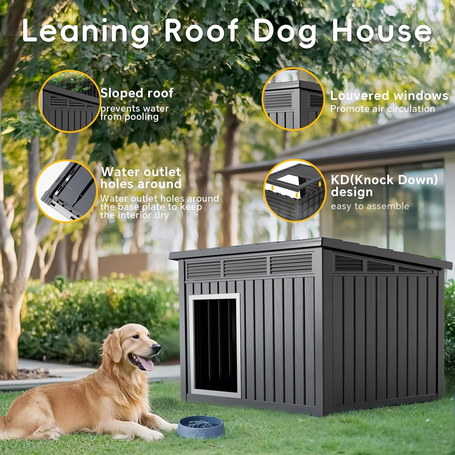 DRATO Dog House for Both Indoor and Outdoor with Weatherproof Roof Removable Floors for Medium to Large Dogs Interior Space (Black, Large (42.87 * 32.95 * 31.61''))