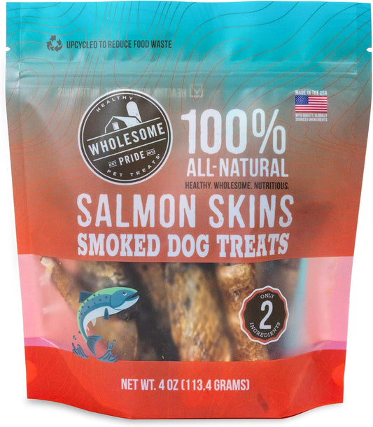 Wholesome Pride Smoked Salmon Skins Natural Healthy Dog Treats, USA Made Sustainably Sourced Dehydrated Treats, 4oz