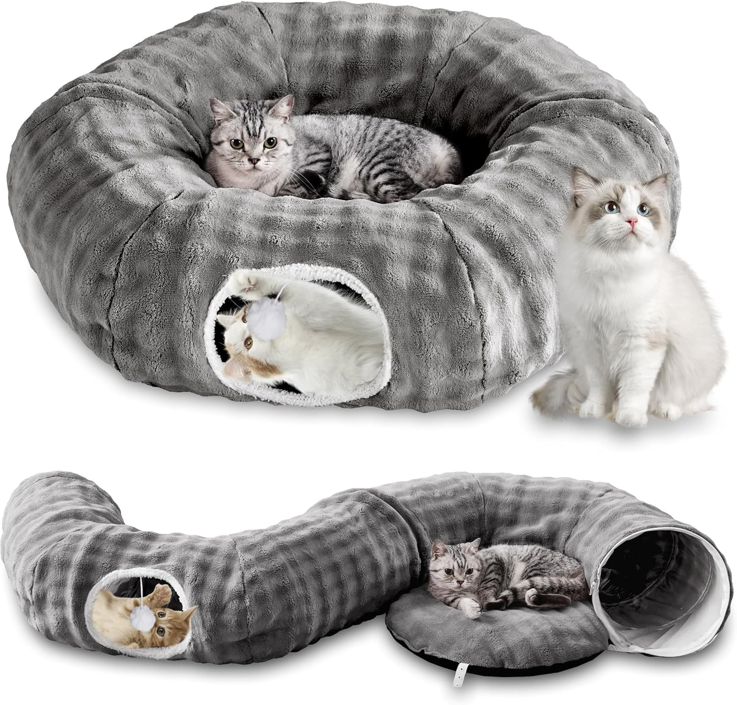 Bubble Cat Tunnel for Indoor Cats, Round Peekaboo Cave Toy with Dangling Balls, Donut Tunnel Bed with Circle Mat for Puppy Kitten Rabbit, Grey